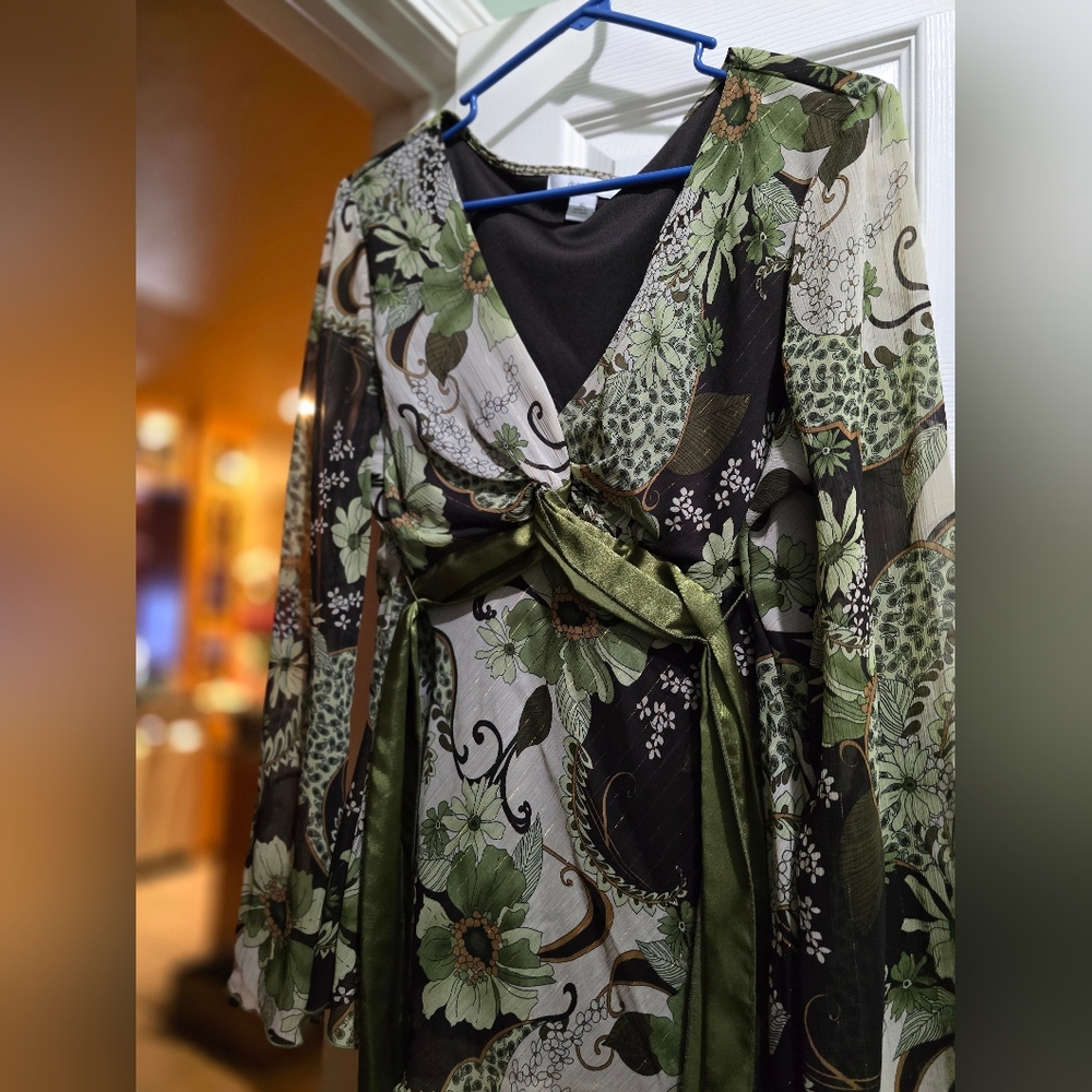 Fancy Dressbarn Green/Brown Nature Themed Blouse